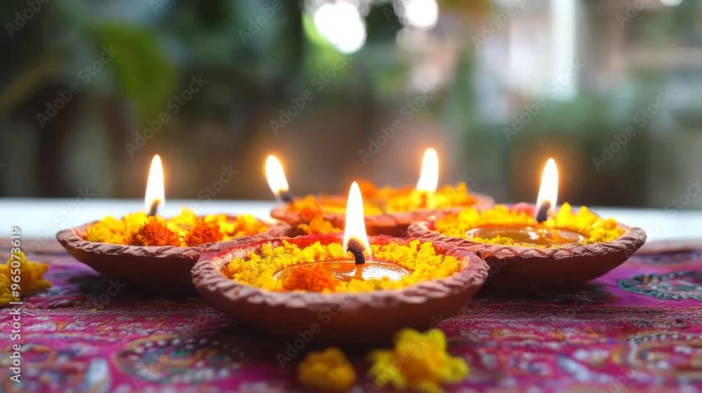 Diwali diya oil lamps with flowers holiday background. Creating a festive and decorative composition. Diwali diya oil lamps with flowers holiday background. Creating a festive and decorative composition.