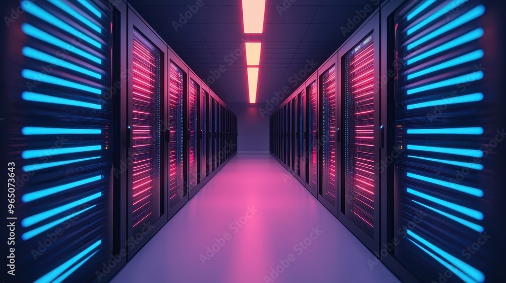 Fototapeta premium Illuminated Server Room: Digital Transformation Backbone Concept with Copy Space