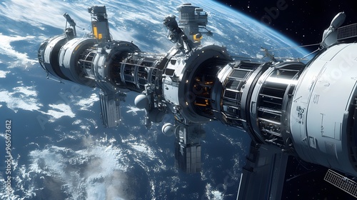 A futuristic space elevator connecting Earth to a space station