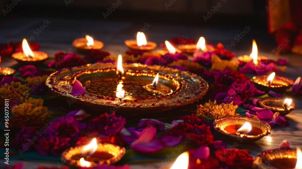 Diwali diya oil lamps with flowers holiday background. Creating a festive and decorative composition. Diwali diya oil lamps with flowers holiday background. Creating a festive and decorative composition.