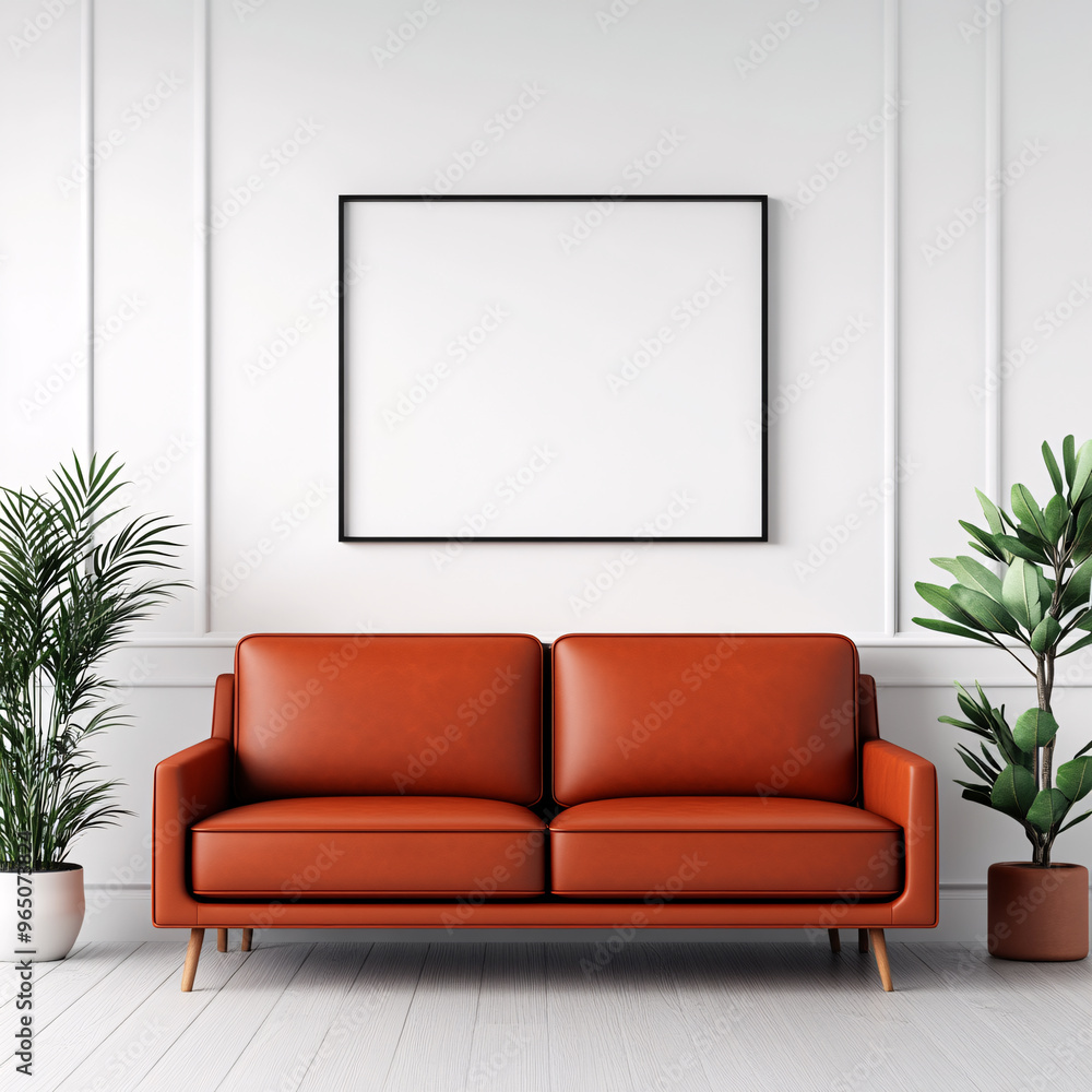 Modern living room featuring a stylish brown sofa, plants, and a blank frame on a clean white wall, perfect for home decor. Modern living room featuring a stylish brown sofa, plants, and a blank frame on a clean white wall, perfect for home decor.