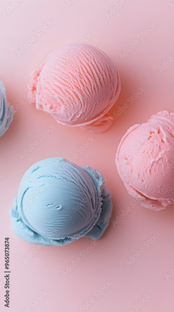 Three Scoops of Pink and Blue Ice Cream on a Pink Background Three Scoops of Pink and Blue Ice Cream on a Pink Background