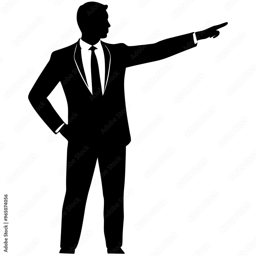 a business man stand with a hand expression of pointing of front direction, vector silhouette, isolated white background a business man stand with a hand expression of pointing of front direction, vector silhouette, isolated white background