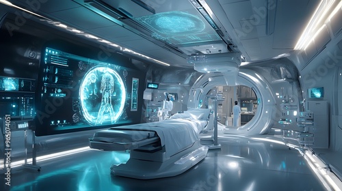 A concept of a futuristic medical facility with AI-driven diagnostics and robotic surgery