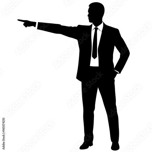 a business man stand with a hand expression of pointing of front direction, vector silhouette, isolated white background 