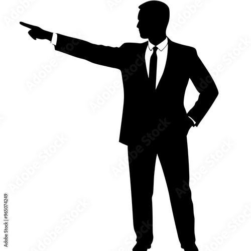 a business man stand with a hand expression of pointing of front direction, vector silhouette, isolated white background 