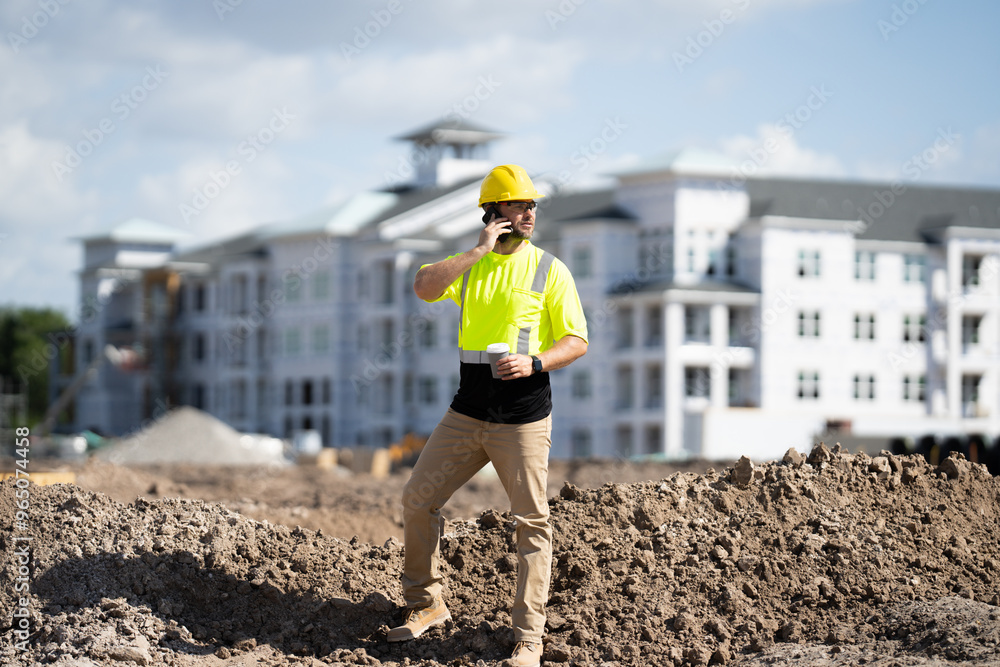 A construction worker uses a radio and tablet on site, with an apartment building in the background. A construction worker uses a radio and tablet on site, with an apartment building in the background.