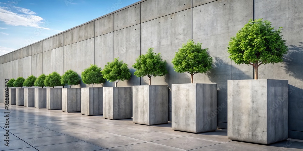 Industrial-style concrete planters sit like sentinels along an outdoor wall, showcasing the marriage of strength and Industrial-style concrete planters sit like sentinels along an outdoor wall, showcasing the marriage of strength and