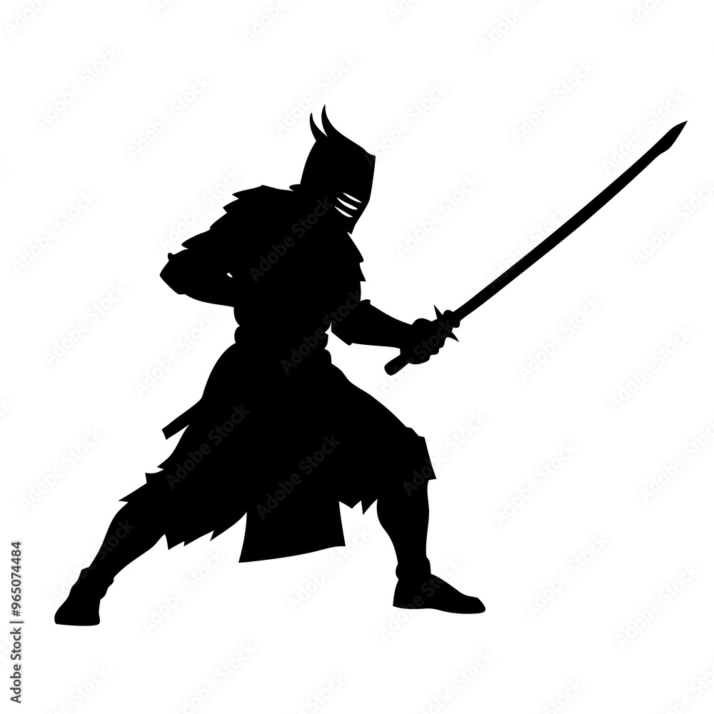 Fototapeta premium a sword warrior standing in an action pose as a black color silhouette isolated on a white background