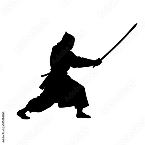 a sword warrior standing in an action pose as a black color silhouette isolated on a white background