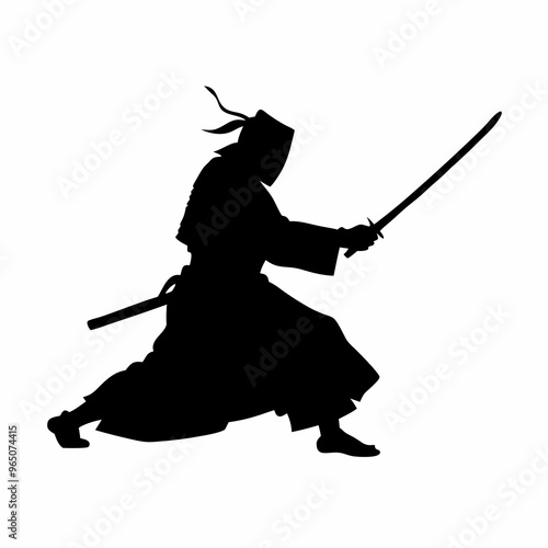 a sword warrior standing in an action pose as a black color silhouette isolated on a white background