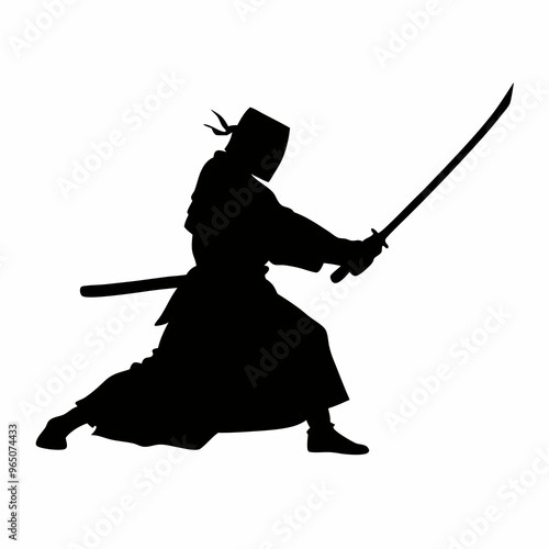 a sword warrior standing in an action pose as a black color silhouette isolated on a white background