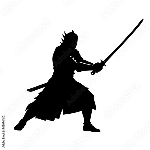 a sword warrior standing in an action pose as a black color silhouette isolated on a white background