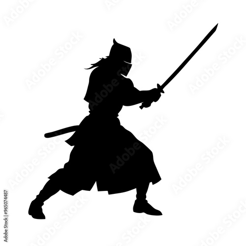 a sword warrior standing in an action pose as a black color silhouette isolated on a white background