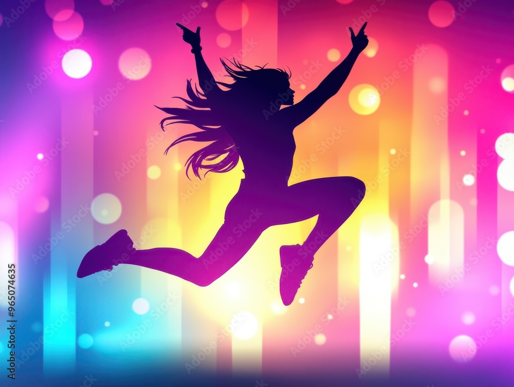 A vibrant silhouette of a dancer leaping against a colorful bokeh background, capturing energy and joy in motion. A vibrant silhouette of a dancer leaping against a colorful bokeh background, capturing energy and joy in motion.