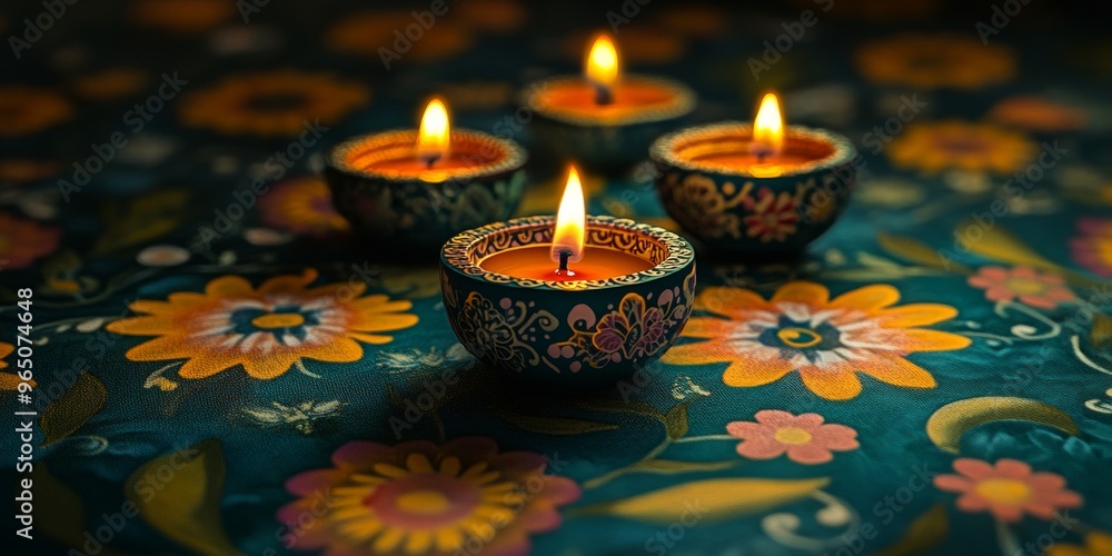 Diwali diya oil lamps with flowers holiday background. Creating a festive and decorative composition. Diwali diya oil lamps with flowers holiday background. Creating a festive and decorative composition.