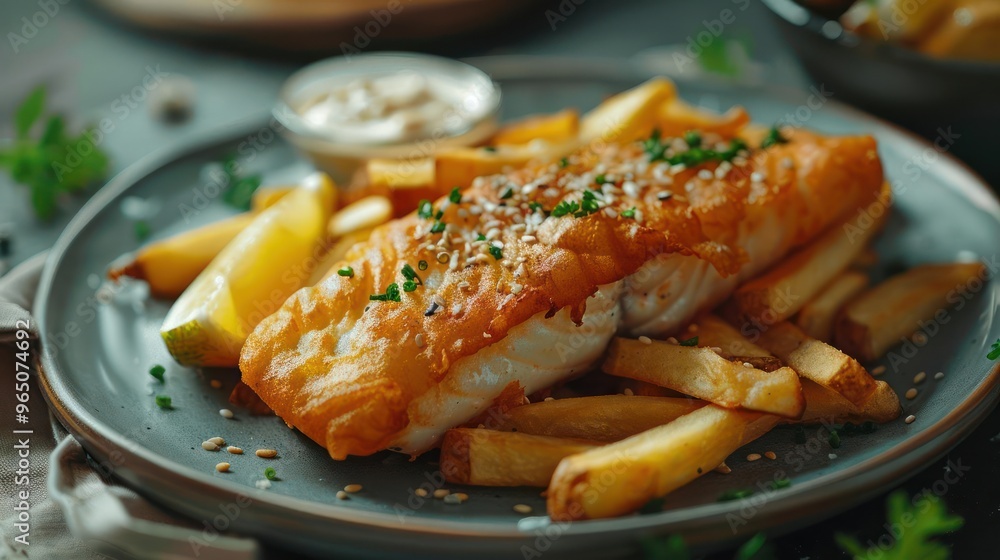 A delicious-looking meal of fish fillet with a side of fries, ready to be enjoyed. A delicious-looking meal of fish fillet with a side of fries, ready to be enjoyed.
