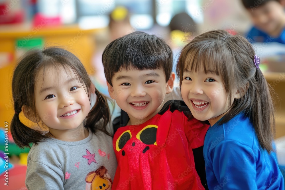 Three Smiling Asian Children in a Playroom Setting Three Smiling Asian Children in a Playroom Setting