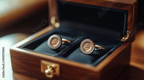 Monogrammed cufflinks in an elegant box, metallic shine, luxury gift, 3D illustration