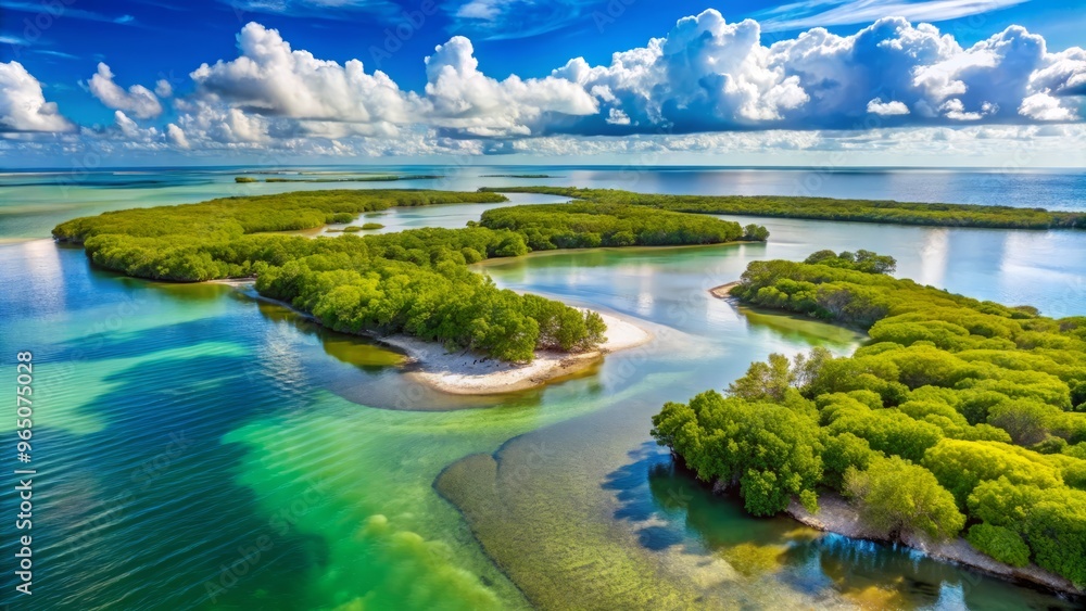 In the Gulf of Mexico, a peaceful peninsula stretches out, with mangroves giving way to sandy shores and In the Gulf of Mexico, a peaceful peninsula stretches out, with mangroves giving way to sandy shores and