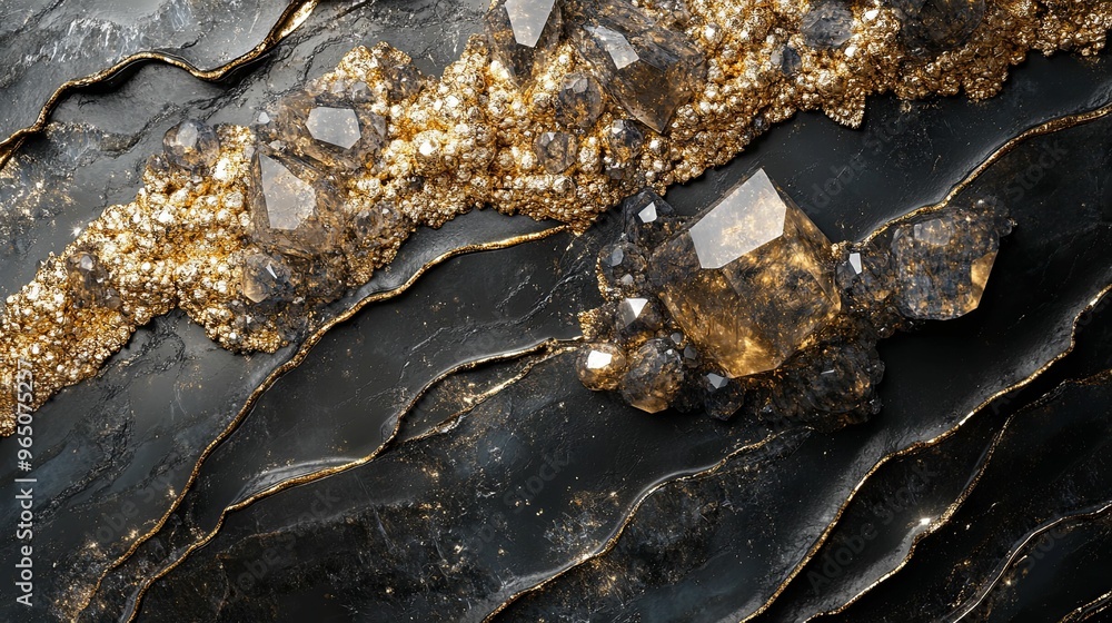Golden and Black Crystal Cluster on a Wavy Surface Golden and Black Crystal Cluster on a Wavy Surface