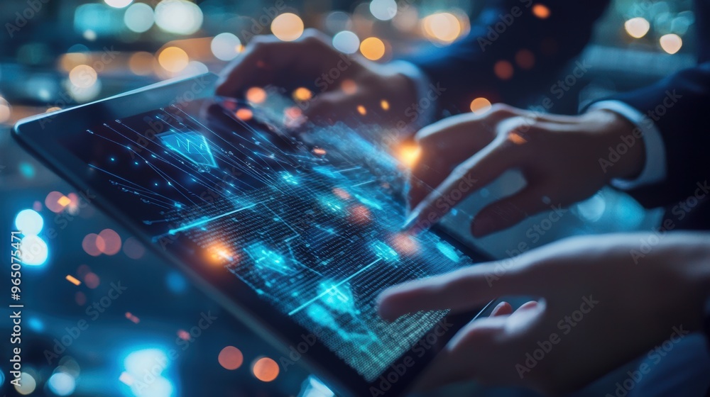 Digital data analytics and technology interface on laptop screen in office environment Digital data analytics and technology interface on laptop screen in office environment