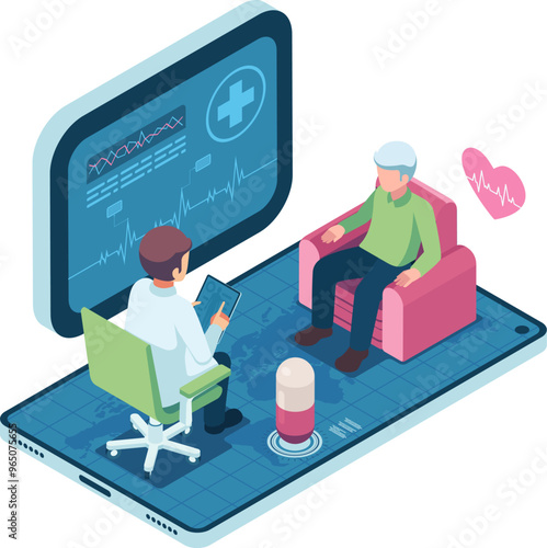 Isometric Doctor Examining Patient via Telemedicine