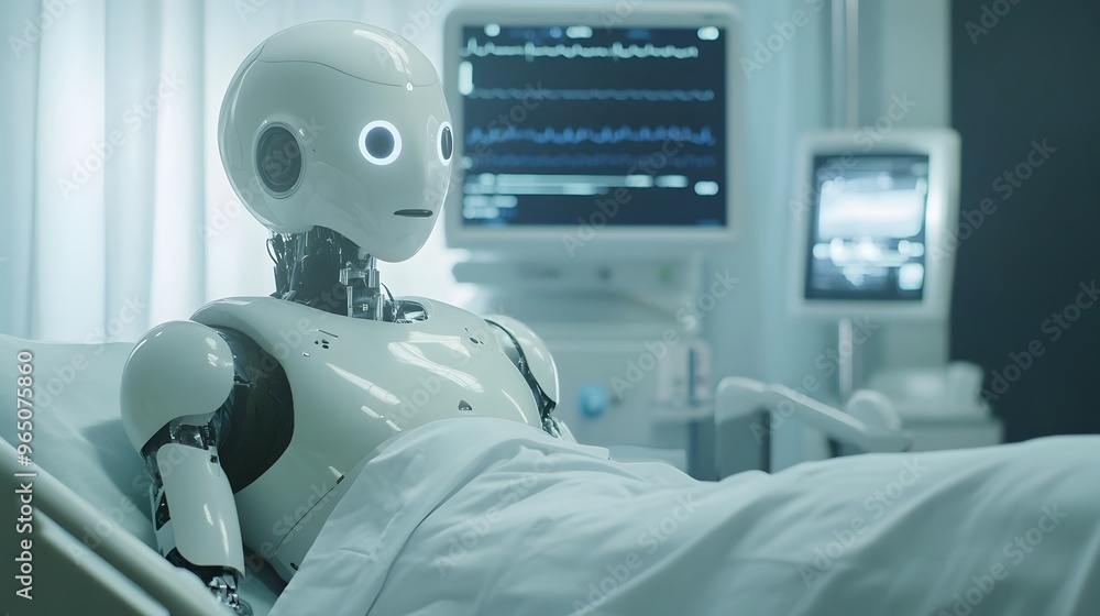 A futuristic AI-powered robot assisting a doctor during surgery in a hospital A futuristic AI-powered robot assisting a doctor during surgery in a hospital