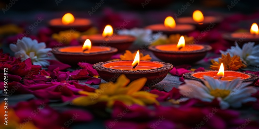 Diwali diya oil lamps with flowers holiday background. Creating a festive and decorative composition. Diwali diya oil lamps with flowers holiday background. Creating a festive and decorative composition.