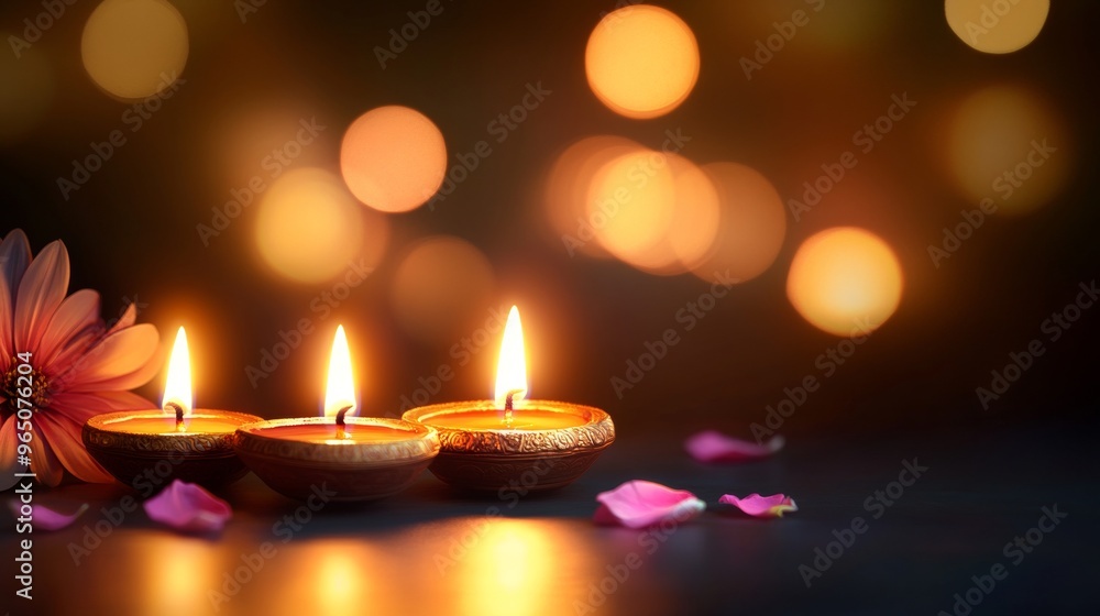 Diwali diya oil lamps with flowers holiday background. Creating a festive and decorative composition. Diwali diya oil lamps with flowers holiday background. Creating a festive and decorative composition.