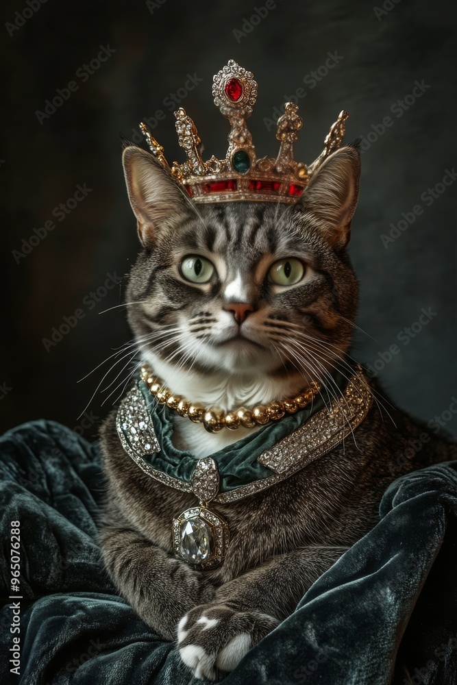 A feral cat, draped in regal attire with a crown and diamond necklace, sits proudly on a velvet cushion, captured in a luxurious and majestic portrait A feral cat, draped in regal attire with a crown and diamond necklace, sits proudly on a velvet cushion, captured in a luxurious and majestic portrait