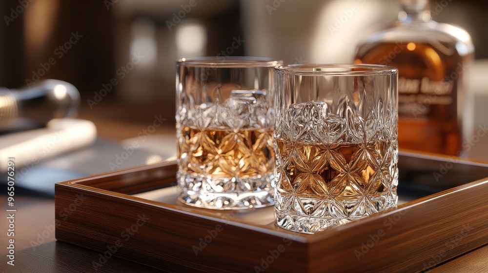 Custom-engraved glassware set in luxury packaging, elegant design, 3D illustration Custom-engraved glassware set in luxury packaging, elegant design, 3D illustration