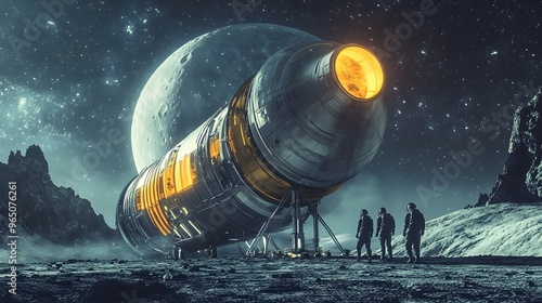 A space tourism concept with passengers boarding a spacecraft for a journey to the moon