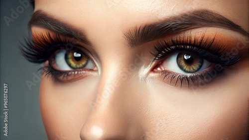 Luscious lashes frame a feminine eye, subtly accentuated with makeup, emphasizing elongated shape and volume.