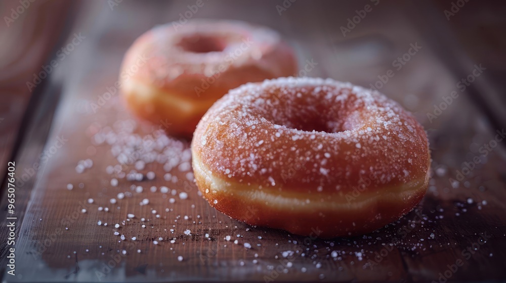 Doughnuts with sugar coating, sitting on a wooden surface Doughnuts with sugar coating, sitting on a wooden surface