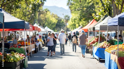 A bustling farmers market with fresh produce on display and people browsing the stalls.