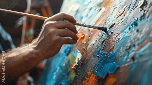 An artist's hand is painting on a canvas.