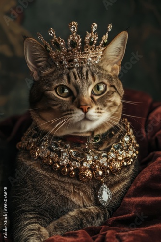 A majestic feral cat sits regally on a velvet cushion, adorned with a crown and a diamond necklace, embodying royal elegance in a cinematic portrait
