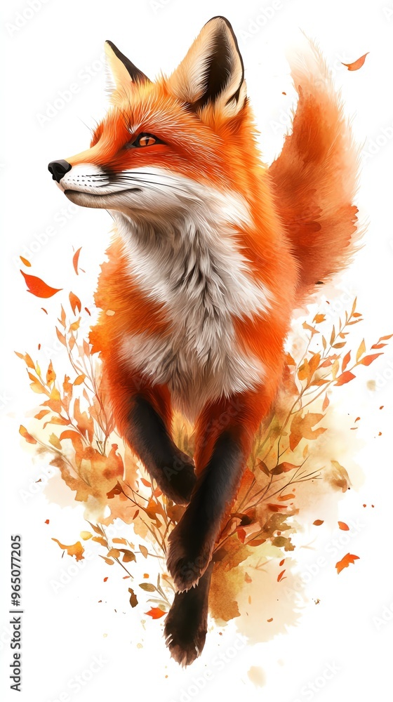 Fototapeta premium Red fox clipart, autumn animal, watercolor illustration, sharp details, running through autumn woods, isolated on white background