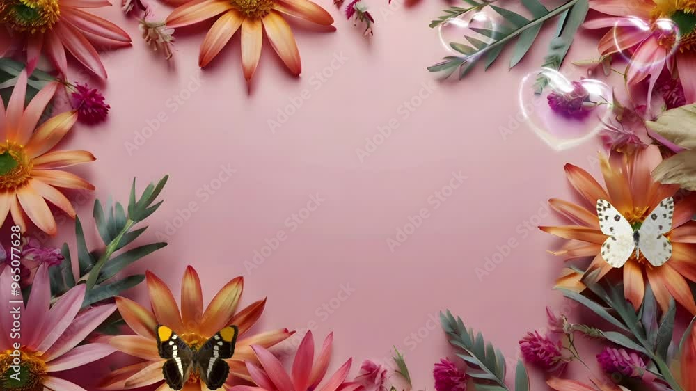 A frame of several colorful flower stalks with a pink background. Seamless 4K looping timelapse video animation background A frame of several colorful flower stalks with a pink background. Seamless 4K looping timelapse video animation background