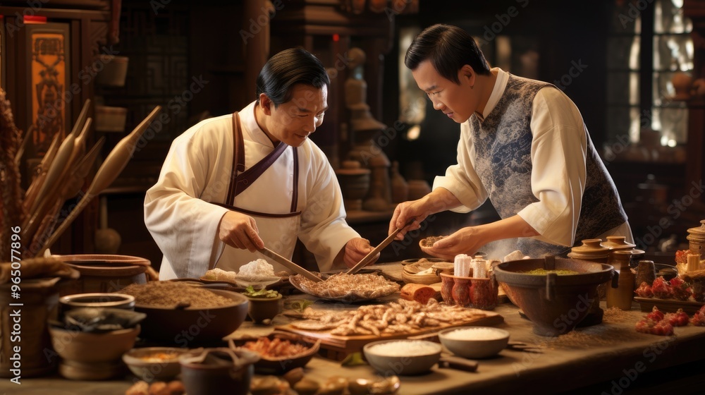 Two men in traditional clothing prepare a meal in a dimly lit kitchen. Two men in traditional clothing prepare a meal in a dimly lit kitchen.