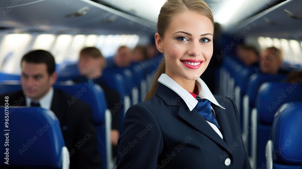 A beautiful flight attendant smiles warmly as she walks down the aisle of an airplane. A beautiful flight attendant smiles warmly as she walks down the aisle of an airplane.