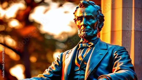 Detailed Statue of Abraham Lincoln with Stern Expression Bathed in Golden Sunset Light