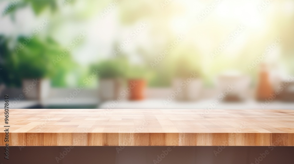 A clean, empty wooden table top with a blurred background of green plants and sunlight. A clean, empty wooden table top with a blurred background of green plants and sunlight.