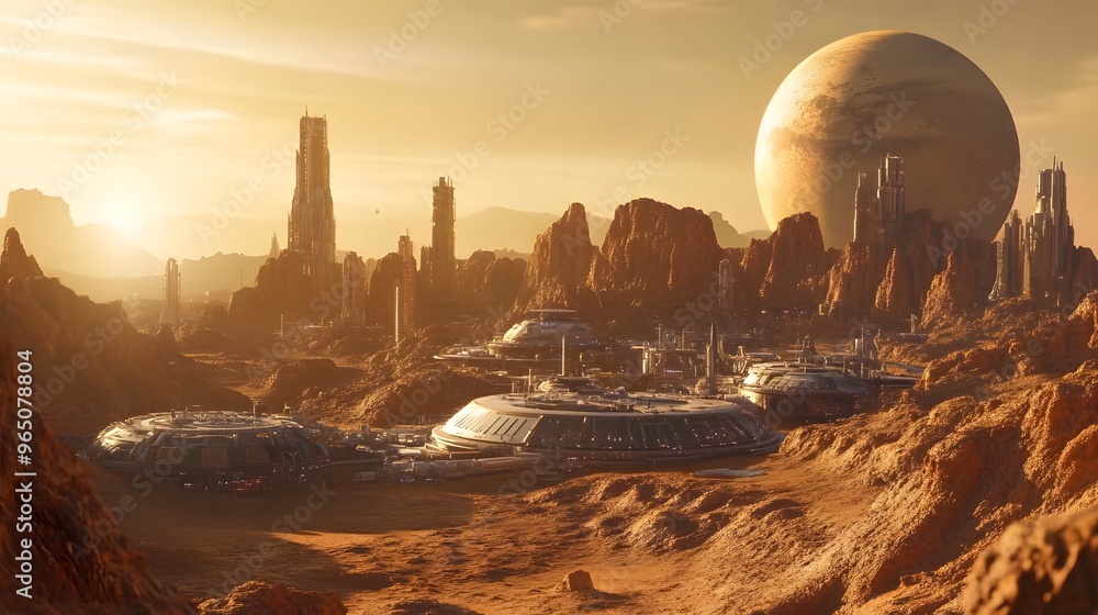 A concept of a futuristic space colony on Mars with advanced infrastructure and habitats A concept of a futuristic space colony on Mars with advanced infrastructure and habitats