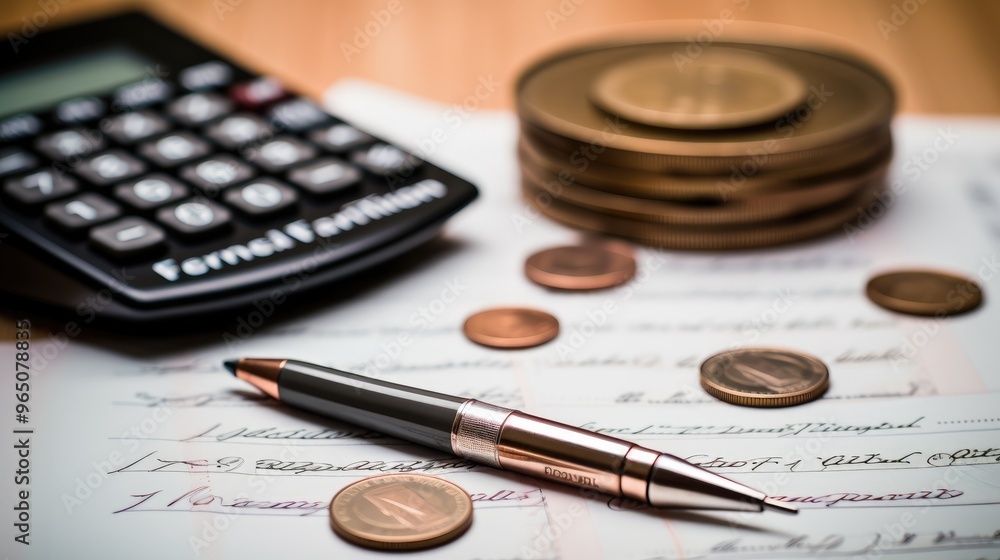 A close-up of a pen, calculator, and coins on a checkbook. The image is a metaphor for financial planning and budgeting. A close-up of a pen, calculator, and coins on a checkbook. The image is a metaphor for financial planning and budgeting.