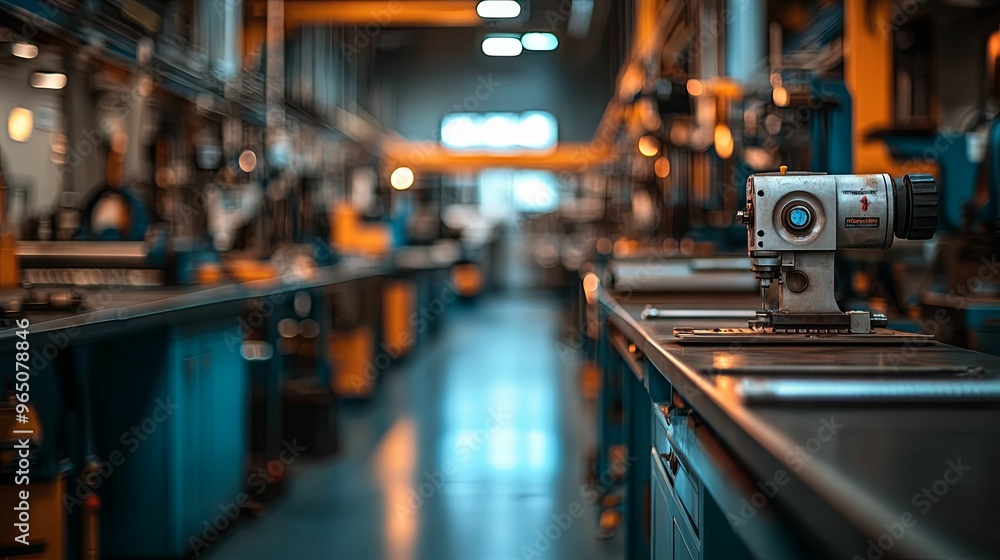 Industrial Machinery on a Metal Table in a Factory Setting Industrial Machinery on a Metal Table in a Factory Setting