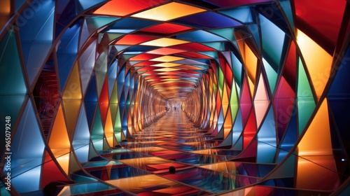 A colorful abstract tunnel made of glass and metal. The light reflects off the surfaces, creating a mesmerizing pattern.