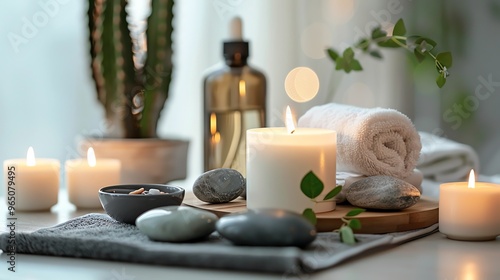 A spa-like setting with candles, stones, a towel, and essential oil.