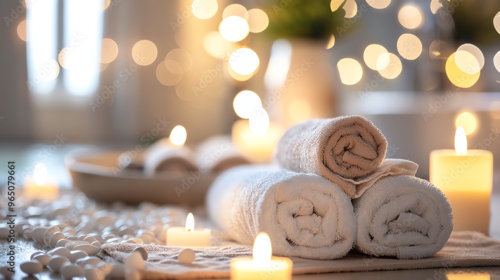 A spa-like setting with candles, towels, and stones. A spa-like setting with candles, towels, and stones.